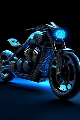 The design of a black motorcycle has blue lighting embossed with white gold