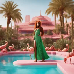 [high res photo by Gilligans Island] In the dazzling city of Las Vegas, Clad in a short green dress that sparkles under the desert sun, the Orangutang Queen finds herself in a most curious setting—a pink swimming pool teeming with flamingos and bananas, ready to fight, in dust, rust and blood, her body is covered with cartridge belts