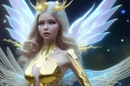  beautiful cosmic fairy, long hair, golden skin, nice smiling, transparent wings, magic glamour make up, delicate colors, beautiful glamour galactique dress, ultra sharp focus, 8k, unreal engine 5, extremely sharp detail, light effect, soft light atmosphere of a spaceship, smooth, full of details, face in front, complete vision of face and hair and body