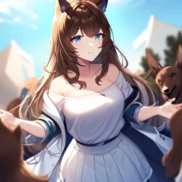 Clear focus, High resolution, Long fluffy brown hair, blue eyes, wearing a white skirt, detailed outfit, wearing a jacket oversized off shoulder, rough line, hair above ears, dog ears, off shoulder white shirt, chopped bangs