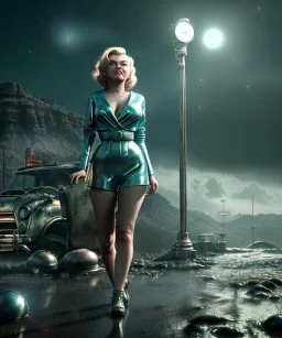 Ultra Realistic retro sci-fi 1960 scene, waist up view portrait, blonde woman, sweet young Marilyn Monroe face, perfect iris, tight latex coat, alien planet background, tight style, steel sphere dron levitating, fog, rain, soft color, highly detailed, unreal engine 5, ray tracing, RTX, lumen lighting, ultra detail, volumetric lighting, 3d, finely drawn, high definition, high resolution.