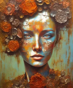  an abstract painting of rusted metal and flowers, african portrait, rust, scaffolding, iron cladding, decay, mixed media, textured, anatomically correct, beautiful perfect face, sharp focus, highly detailed