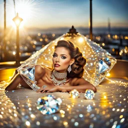 very beautiful fashion lady laying on a big diamond wearing nice bride, lights reflecting on diamond and her jewels