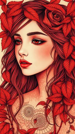 A very beautiful girl face, the setting is in a blend of old world aesthetics and red creamy red and red fantasy in a dreamlike ethereal zentangle illustration in the magical style of Charlene McNally all in red colours red leaf’s