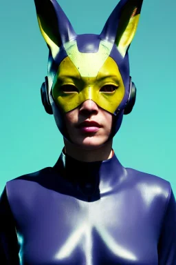 Medium Close Up Portrait, Front image. cyberpunk, rabbit mask, asian woman, dron hair. Latex suit army. white, yellow, color. Wolverine style. Color background, photo studio. Avatar image, highly detailed, concept art, smooth, unreal engine 5, ray tracing, RTX, lumen lighting, ultra detail, volumetric lighting, 3d, finely drawn, high definition, high resolution.