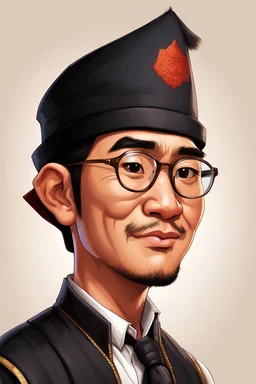 profile cartoon image from photo, with glasses, bold, wearing a Fez and a black vest, asian, male