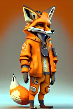 Fox character dressed in tech clothing in orange, in 3D realistic