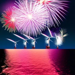 Offshore Windkraftanlage mit Feuerwerk im Hintergrund