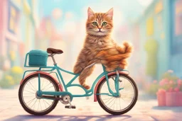 Fluffy tabby cat, adorable kitten, miniature bicycle, whimsical scene, playful concept, vibrant colors, detailed fur texture, charming expression, dynamic composition, cartoonish style, digital art, creative and imaginative, bright and lively palette, joyful atmosphere, skillful rendering, high resolution, skillful lighting to enhance cuteness.