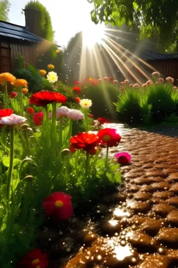 paisaje de un jardin en Holanda, un dia soleado, mostrando gotas de rocio en los petalos de las flores, con rayos de sol atravesando el paisaje