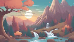 A picture showing a magical forest, waterfalls, animals, snowy mountains, and a beautiful sunset style cartoon