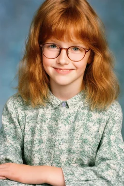 full color image, 1980's yearbook photo, girl, Molly Ringwald, 24 years old, a sly, clever smile on her face, 1980's clothing and hair styles, 4k UHD, photorealistic, (big, full, plump, pouty lips:1.5) big cat-eye eyeglasses, full body, head to toe, full frontal