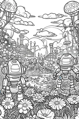 Picture of garden where the RoboFriends grow virtual reality flowers. For coloring in book, thick lines,no background