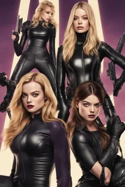 Katherine McNamara, Margot Robbie and Georgia Henshaw wearing tight leather catsuits, fighting bad guys.
