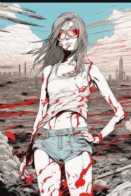 Dark outline line art anime style double exposure of a silhouette of a cyberpunk-inspired woman standing in front of a landscape shot of an active war zone with distant explosions, light black and red long hair, light blue eyes, short red and white tank top, hands on hips, (looking intently at viewer), (viewer from low ground level view with focus on eyes), (double exposure), (inspired by Cyberpunk mixed with Code Geass mixed with Fate: Grand Order), (giant red moon in background), (vibrant colo