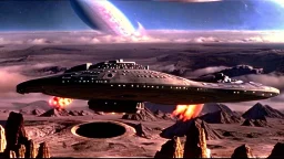 a screen capture from a star trek movie of a battle-damaged starship enterprise IN the year 2380 IS IN A BATTLE with monster ufos sci-fi meticulous, highly-polished, photorealistic, studio production, intricately detailed, GALACTIC, directed by gene Roddenberry, looking down and from the left rearcorner,visiblaftalsdjfafterburner