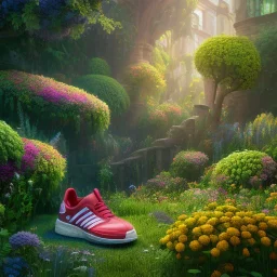 pixar style, volumetric summer garden environment and background, hyper realistic painting of adidas sneaker, looking excited, volumetric lighting, dramatic lighting, detailed digital painting, anime, ornate, colour-saturated colors, chaotic, small minutiae, tiny features, particulars, centered, smooth, sharp focus, renderman gofur render, 8k, uhd, detailed eyes, realistic shaded volumetric lighting, sunlight caustics, backlight, centered camera view