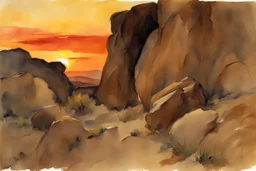 Sunset, rocks, mountains, rocky land, epic, john singer sargent watercolor paintings