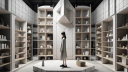 A modern, minimalist interior with a person standing on a raised platform, surrounded by geometric shapes and shelves with decorative objects