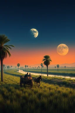 A field of date palms trees by the river and a big moon on the horizon a ufo spacecraft hovering a chariot pulled by horses