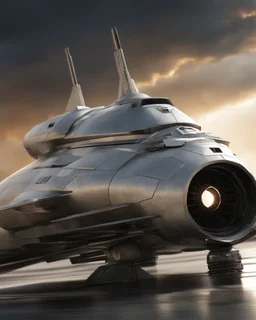 photo realistic small silver spaceship that has gun ports, in a sky battle., outer space, vanishing point, super highway, high speed, digital render, digital photography