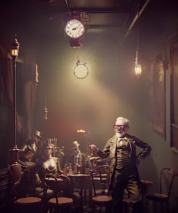 steampunk cabaret scene. old man. little monkey, Sunglasses, rain, smoking, happy, hot. Many people background, highly detailed, concept art, unreal engine 5, god rays, ray tracing, RTX, lumen lighting, ultra detail, volumetric lighting, 3d, finely drawn, high definition, high resolution.