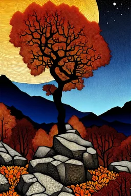 Autumn colors, peaceful, Egon Schiele, Max Ernst, Vincent Van Gogh, silver rust gradient, night sky filled with galaxies and stars, rocks, trees, flowers, one-line drawing, sharp focus, 8k, deep 3d field, intricate, ornate