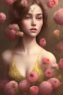 painting of flowers and beautiful girl portrait, scaffolding, decay, mixed media, textured, anatomically correct, beautiful perfect face, sharp focus, highly detailed