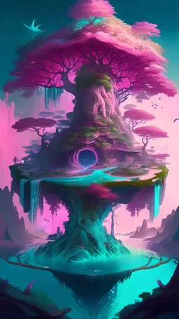 a place with a gigantic tree, the tree being the center of the realm, and having light symbols all over the trunk it has waterfalls all around from the pink and teal leaves which turn lowed into islands and so forth, a dimension with many floating islands including one made from water