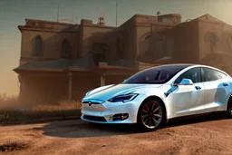 A Tesla 'Model S' is parked, inside "The War of the Worlds" (of H.G. Wells). (CINEMATIC, WIDE ANGLE LENS, PHOTO REAL)