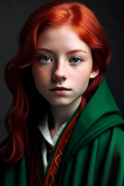 A girl with red hair and green eyes and she is wearing a Hogwarts robe