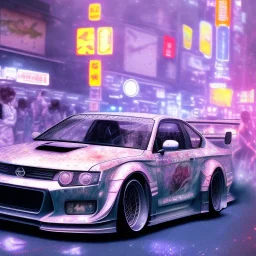 volumetric japan city environment and background, realistic pop-art illustration and highly detailed digital painting of illegal street drifting, ghost flames, inside a vibrant city, underground jdm scene, d1 grand prix, nissan, mitsubishi, otaku, neon, toyota, honda, subaru, highly detailed, money, high contrast, realistic shaded volumetric lighting, 8k, tokyo drift, reflective ground, octane render, smoke, burnout, vitality colours, colorful, uhd, blue fires, dk, hooning manga art by sam curry