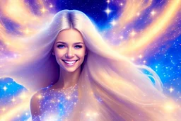 very beautiful cosmic women with white long hair, smiling, with cosmic dress and in the background there is a bautiful sky with stars and light beam