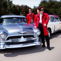 a 50s Greaser ROCK BAND standing in front of a hot rod