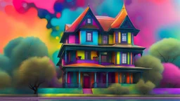 a fractal house made of (Mandelbrot set:1.7) on a (Mandelbrot set:1.6) street; side view, close-up, ink paint, tint leak, afternoon vibe, vivid bold colors