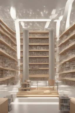 A modern library. Robotic book delivery, everything is automated. Cutting-edge library interior design. Everything is drawn in detail, in high resolution. 8k