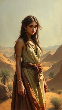 Bosch painting style a very beautiful girl with fathered hair standing in the desert oasis