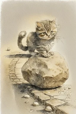 very cute sweet-faced kitten carrying a huge stone on her back on a paved road by Jean-Baptiste Monge golden watercolour and black ink highly detailed elegant intricate very attractive beautiful award winning fantastic view crisp quality in sunshine