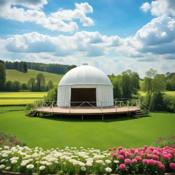 a big dance platform with decor mane in country side in center of picture ,green field ,flowers , small river,blue sky pretty clouds ,camera looking at horison