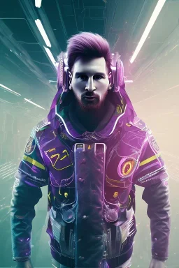 lionel messi cute cyberpunk, purple tones, high lighting