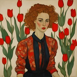 A portrait of a pretty young soviet union woman with tulips painted by Egon Schiele