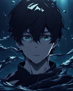 A young man under water with dark world all thing around him Black like anime