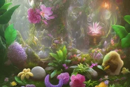 Tropical flowers, realistic heart drawing, crystals, tropical leaves, sacred altar, Fantasy home, cute animal.