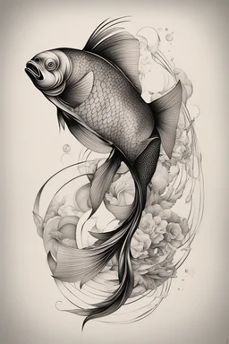 Create a captivating modern 2d ink tattoo design for print , prestigious Sacred Fish using the elegant influences of japan art style, for print, dynamic elements from fashion and design, and bold Japanese contemporary art aesthetics, framing centered in the center, distanced from the edges of the paper perimeter, perfect anatomy, bauhaus, Divine Proportion,