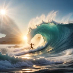 ultra-realistc wave crashing out of the colliery ocean with a surfer, power of nature, early morning sun glare prismatic effect,