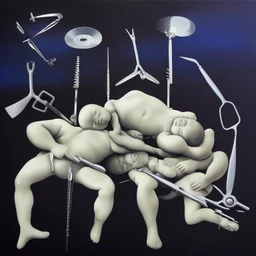 Complex Surgical Instruments crossing over Putin,President Xi jinping,Joe Biden hugging together with a Newborn Boy,black background,surrealism,minimalism,Painting By Adrian Ghenie,Rene Magritte,Salvador DaliLucian Freud,Michelangelo,Pablo Picasso