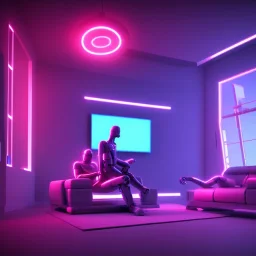 concept of futuristic living room, cyborg is sitting on sofa and watches tv, cinema 4d, blender, complex, beautyfull, 8k, neon lights,