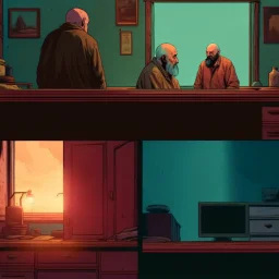 comicbook, 2 panels, muted colors, in the left panel, a fat, bearded man watches the tv, (in the right panel, (side angle view:1.2)of the tv), background is a haunting dimly lit, decrepit room.The atmosphere should be chilling, with shadows and decay adding to the eerie ambiance.