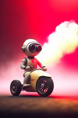 cute robot in drift trike car, motion blur, smoke, 4k, downlight, soft light, depth of field, photorealism, trending on art station