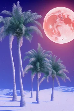 1980's aesthetic vaporwave palm trees with lighting with moon in the winter snow